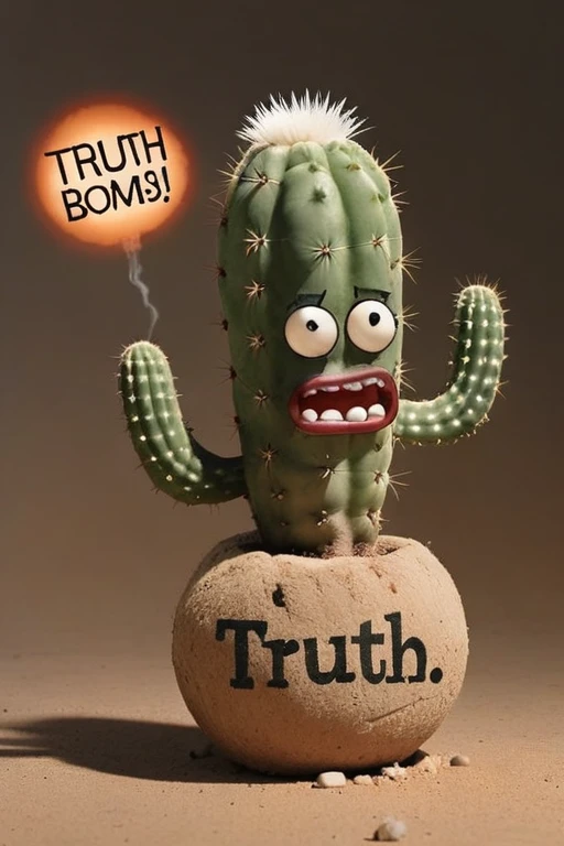 a realistic photo, a talking cactus, holding a bomb, the bomb has the word "Truth Bomb" written on the bomb