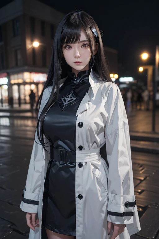 ((Top Quality), ((Excellent)), Cinematic lighting, Detailed costume, Dark-haired anime girl, One girl, Solo, 24 years old, Looking sadly at the viewer, Long hair, Dark hair, Asymmetrical bangs, White raincoat, Gray eyes, Shapely breasts, Gray eyes, Long dark hair, Park at night