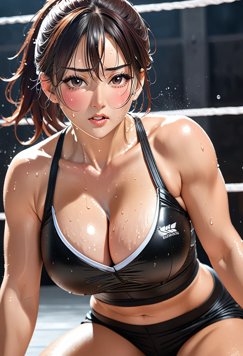 (top-quality manga:2.4),(Perfect Beautiful Face 2.2),(Perfect and beautiful posture:2.2),wet with sweat,(sweat in cleavage:2.2),(Abnormal sweating:2.2),large full breasts,2 Female freestyle wrestling athlete ,cute face, nice legs, showing their ground techniques in a fight on the graund