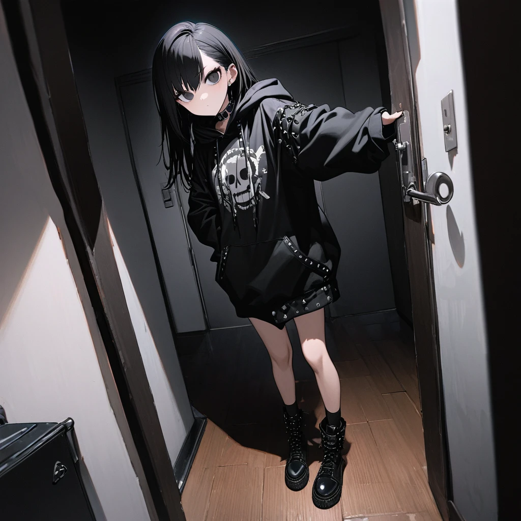 best quality, super fine, detailed black eyes, 16k, incredibly absurdres, extremely detailed, emo highschool girl opening the door inviting you, looking at camera, tilt head, emotionless expression, punk fashion, long black hair, black collar, weird long-sleeves oversized hoodie, full body, dim lights, (magnificent view:1.1)