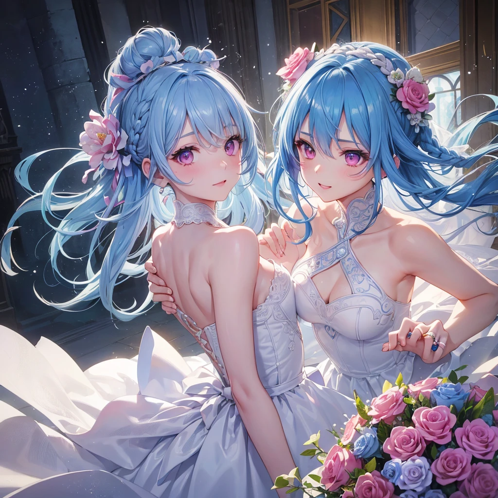 Sky blue hair, (Braided Ponytail),(Pink Eyes),Fair skin ,(whole body),(One girl),bride,A big smile,Straight bangs, 6月のbride,Wedding dress,(masterpiece, Highest quality, Very detailed, Best Shadow), (Detailed Background), (Beautifully detailed face), High Contrast, (Best lighting, Very delicate and beautiful), ((Cinematic Light)), colorful, Hyper Detail, Dramatic Light, Intricate details,Chapel background,Bouquet of roses,Ring on left ring finger,