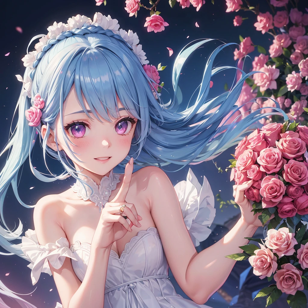 Sky blue hair, (Braided Ponytail),(Pink Eyes),Fair skin ,(whole body),(One girl),bride,A big smile,Straight bangs, 6月のbride,Wedding dress,(masterpiece, Highest quality, Very detailed, Best Shadow), (Detailed Background), (Beautifully detailed face), High Contrast, (Best lighting, Very delicate and beautiful), ((Cinematic Light)), colorful, Hyper Detail, Dramatic Light, Intricate details,Chapel background,Bouquet of roses,Ring on left ring finger,