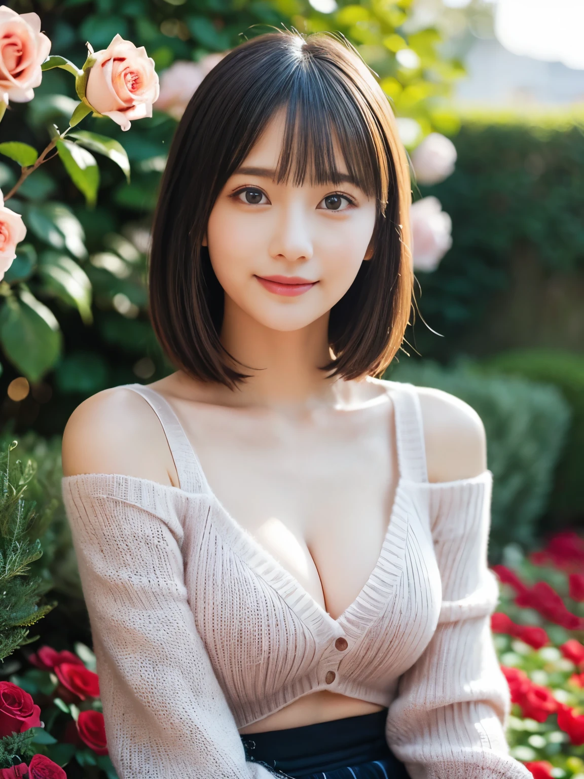 Medium Shot、((Upper Body))、(Highest quality:1.5)、(Realistic:1.5)、(1 person:1.5)、(Very detailed)、(High resolution)、8K、((Wear an off-the-shoulder sweater))、Slightly small chest、Natural color lips、Cute Smile、20-year-old girl、(beautiful and elaborate face)、(完璧でbeautiful顔)、(Big eyes)、(beautiful and elaborate face)、(beautiful, Balanced Eyes)、完璧でbeautiful二重まぶた、完璧でbeautiful顔、Arched eyebrows、 Thin eyebrows、Feminine poses、Slim face、Slim figure、beautiful and thin nose、 beautiful Skin、(Medium Bob Hair)、Natural Bangs、Fair skin、Front lighting、(Facial lighting)、(beautiful cleavage)、Deep blue eyes、Slim waistline、Sitting in a flowerbed in the garden、Garden with blooming roses、Bright red rose、