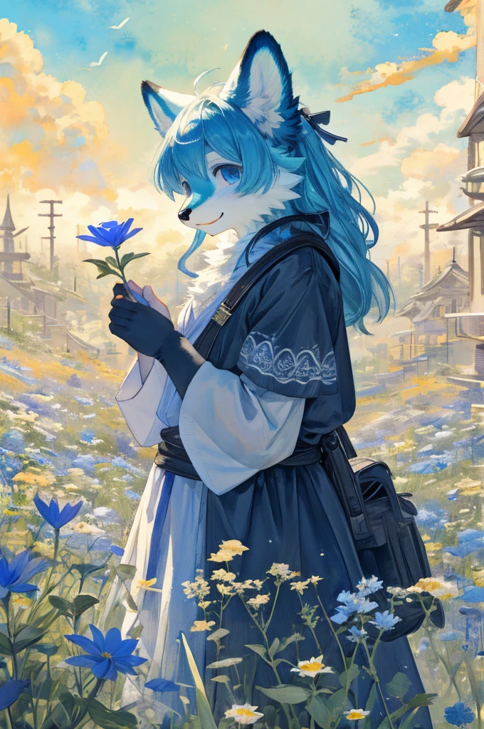 monochrome, watercolor, highres, top quality, best quality, paid reward available, High-quality illustrations, unparalleled masterpiece, perfect artwork, absurdres, 1girl, kemono, furry, detailed body fur, animal face, animal hand, Archaic Smile, holding a cluster of sky blue flower in both hands, which are positioned at chest level, She is wearing a simple ring on the ring finger of her left hand, unfocused spread of sky blue flower, fan-created work shared on platforms Pixiv or Twitter,