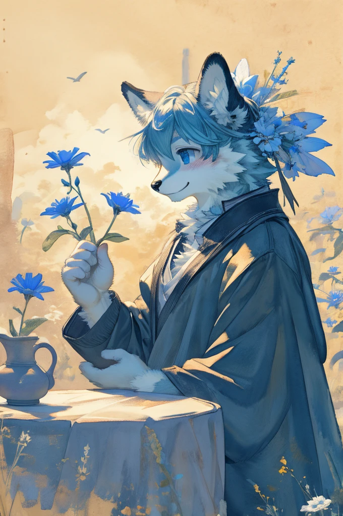 monochrome, watercolor, highres, top quality, best quality, paid reward available, High-quality illustrations, unparalleled masterpiece, perfect artwork, absurdres, 1girl, kemono, furry, detailed body fur, animal face, animal hand, Archaic Smile, holding a cluster of sky blue flower in both hands, which are positioned at chest level, She is wearing a simple ring on the ring finger of her left hand, unfocused spread of sky blue flower, fan-created work shared on platforms Pixiv or Twitter,