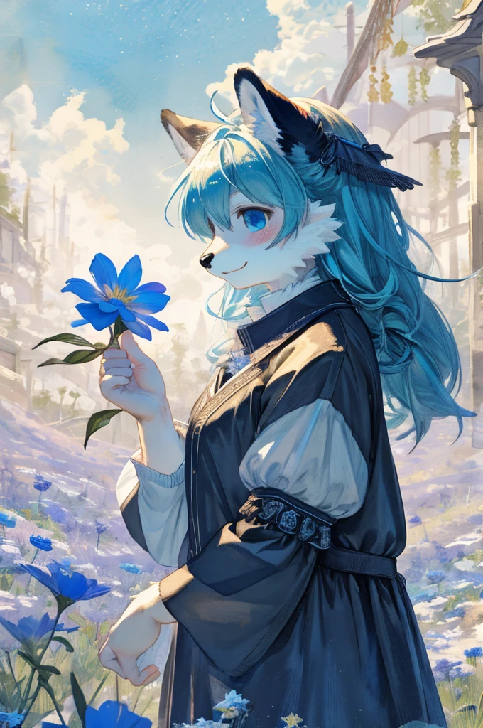 monochrome, watercolor, highres, top quality, best quality, paid reward available, High-quality illustrations, unparalleled masterpiece, perfect artwork, absurdres, 1girl, kemono, furry, detailed body fur, animal face, animal hand, Archaic Smile, holding a cluster of sky blue flower in both hands, which are positioned at chest level, She is wearing a simple ring on the ring finger of her left hand, unfocused spread of sky blue flower, fan-created work shared on platforms Pixiv or Twitter,