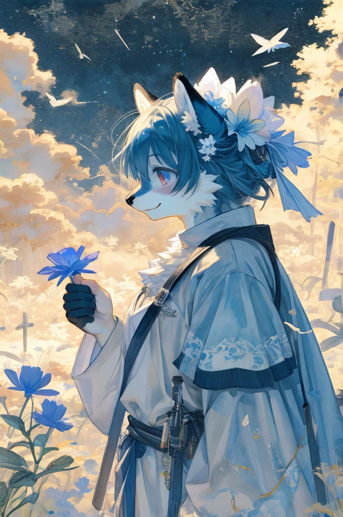 monochrome, watercolor, highres, top quality, best quality, paid reward available, High-quality illustrations, unparalleled masterpiece, perfect artwork, absurdres, 1girl, kemono, furry, detailed body fur, animal face, animal hand, Archaic Smile, holding a cluster of sky blue flower in both hands, which are positioned at chest level, She is wearing a simple ring on the ring finger of her left hand, unfocused spread of sky blue flower, fan-created work shared on platforms Pixiv or Twitter,