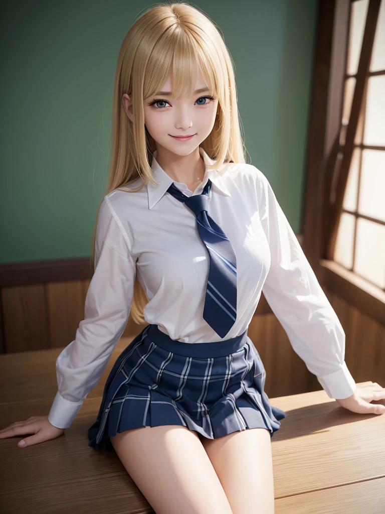 8K, Highest quality, The real picture, Intricate details, Very detailed, Ultra-high resolution, Depth Field,(Realistic,Realistic:1.2),Tabletop , ((Full Body Shot)) , ((Long, slender legs)), 1 girl, eye_Chan, Very beautiful 17 year old girl, innocent big eyes,、Beautiful breasts:1.5、非常に詳細なeye:1.2)、(Beautiful breasts:1.1)、((Blonde))、(Long Bob Hair), Asymmetrical bangs, Perfect Skin, Fair skin, Small breasts, Tight waist, alone, Staring at the audience, (smile)、((School_uniform), (White shirt、Wear a tie), (Blue checkered pleated micro mini skirt), ((Fold your arms in front of your chest and act arrogantly)), ((楽しそうなsmile)), ((Perfect hand shape))
