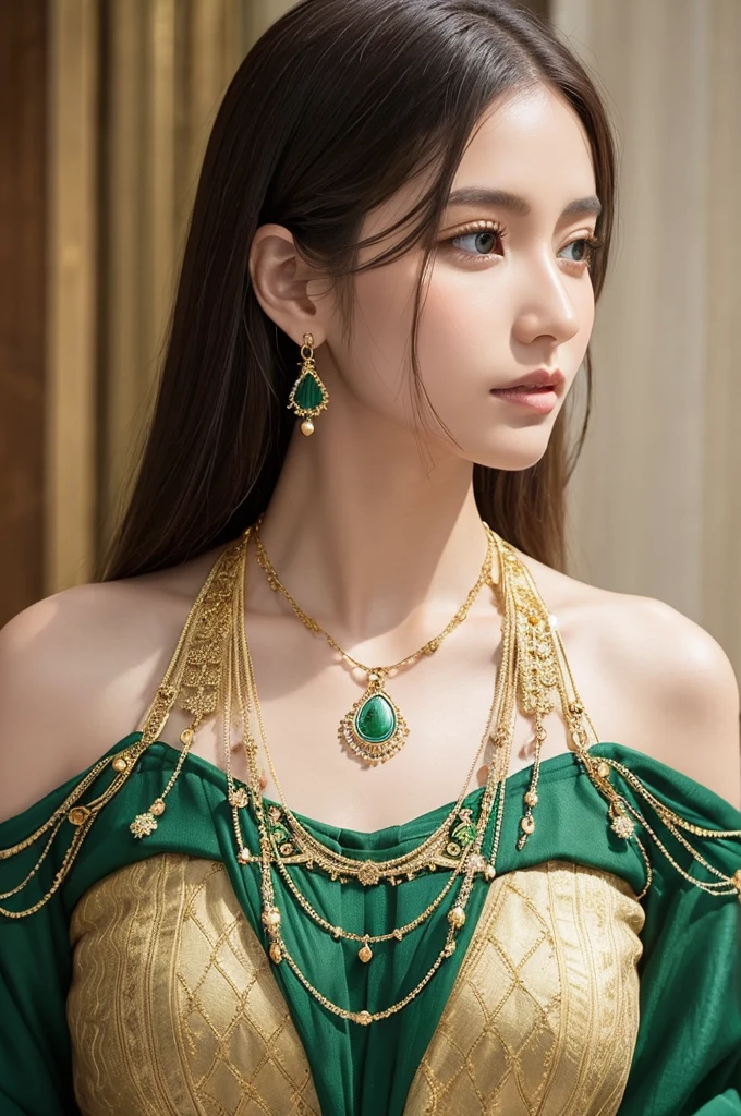 Delicate gold necklace with ethnic openwork teardrop ornaments。The drop has a gemstone set inside it, like a malachite.。