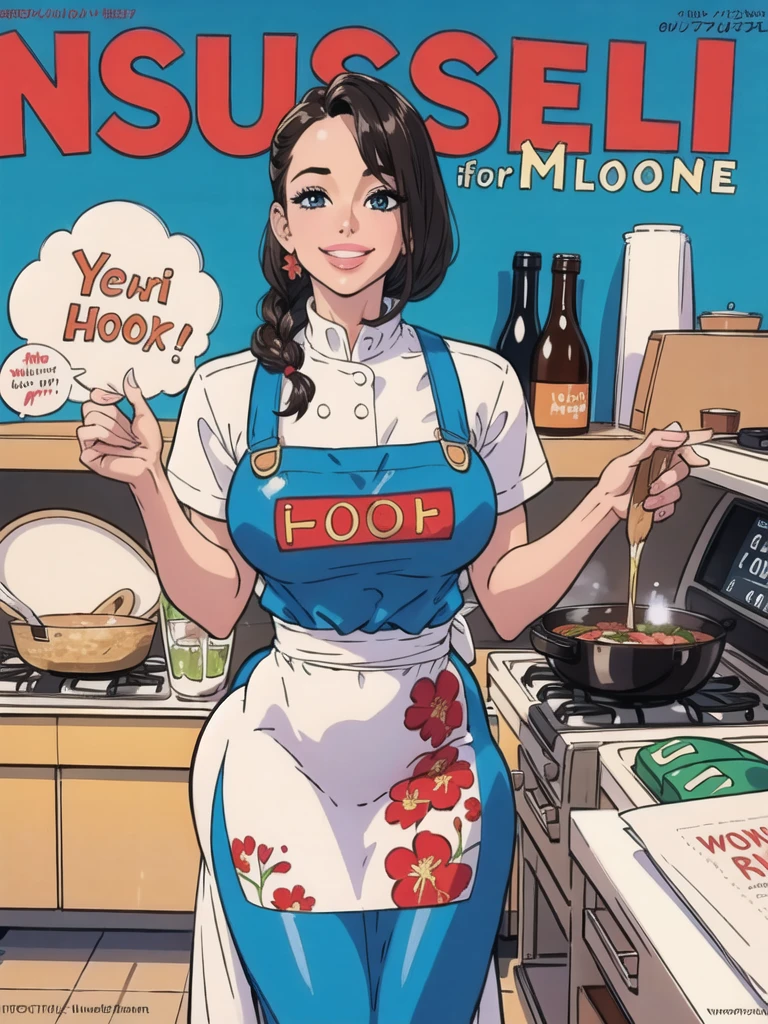 (Best Quality, Masterpiece), Women's Cooking Magazine Cover, 1girl, 20 years old, stunning, cute, warm smile, hourglass figure, floral dress, apron, food, text, chart, advertising, magazine title