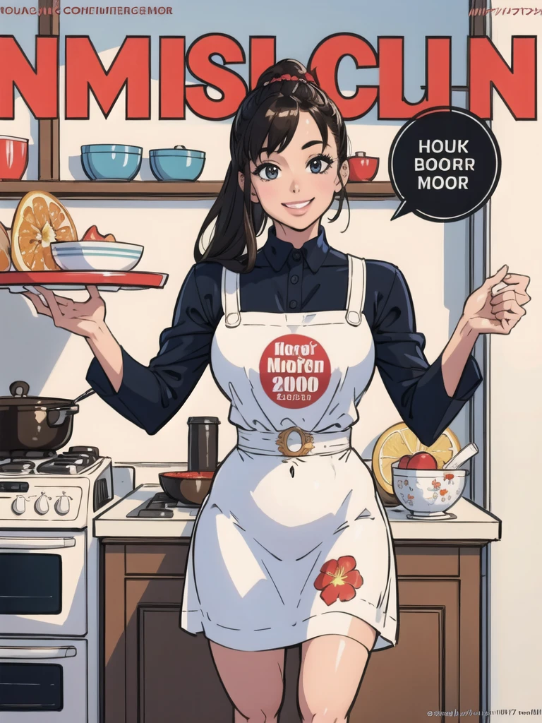 (Best Quality, Masterpiece), Women's Cooking Magazine Cover, 1girl, 20 years old, stunning, cute, warm smile, hourglass figure, floral dress, apron, food, text, chart, advertising, magazine title