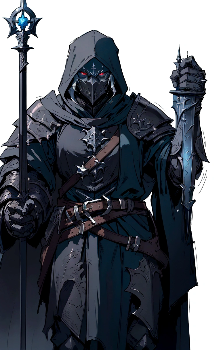 a drawing of a man in a hooded jacket holding a sword, grey armor, flowing robes and leather armor, dnd character, fantasy ttrpg villain, steel inquisitor from mistborn, corvo attano, picture of a male cleric, dnd fantasy character, epic elder scrolls art, anthropomorphic raven knight, artorias, warforged