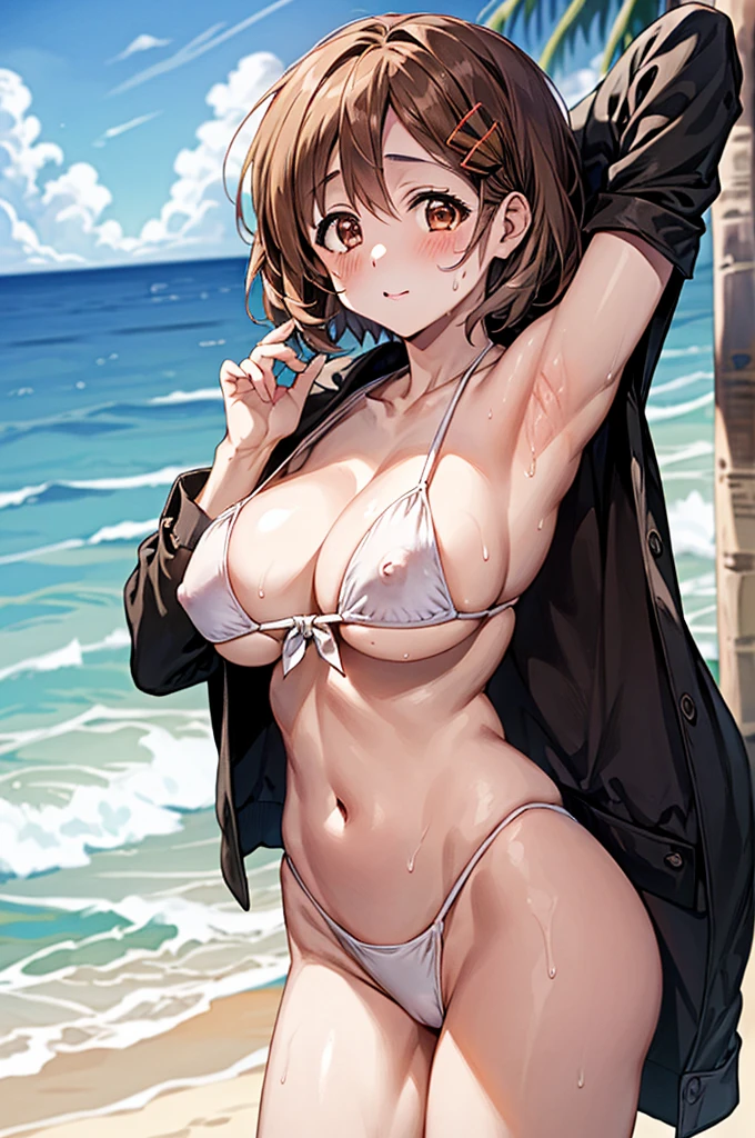NSFW、Toned body、Backwards、Looking back、Beautiful buttocks、Beautiful back、Big Breasts、Stand with legs wide open、(Pure white bikini transparent with sweat、Pink mansuji)、(Pure White Brazilian Bikini White、Pure white micro mini bikini)、Armpit、Bare thighs、独奏、(short hair、Brown Hair、Barrette、hair ornaments)、(Brown eyes:1.5)、(yuihirasawa、yui hirasawa、Yui Hirasawa)、Big Breasts、Seaside、Beachside、独奏