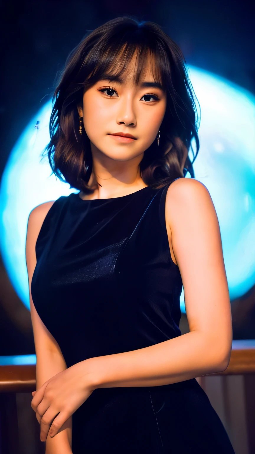 masterpiece, best quality, Ultra-high resolution, photography, Practical, super Practical, photoPractical, light, A young woman in a black dress,Staring at the night sky with kindness, Cowboy shooting, portrait, HILL, Milky Way