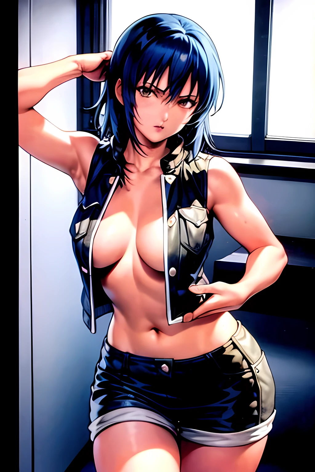 masterpiece, best quality, anime 1990s \(style\, leona heidern, Western, cowgirl, naked, fully open vest, short, niples