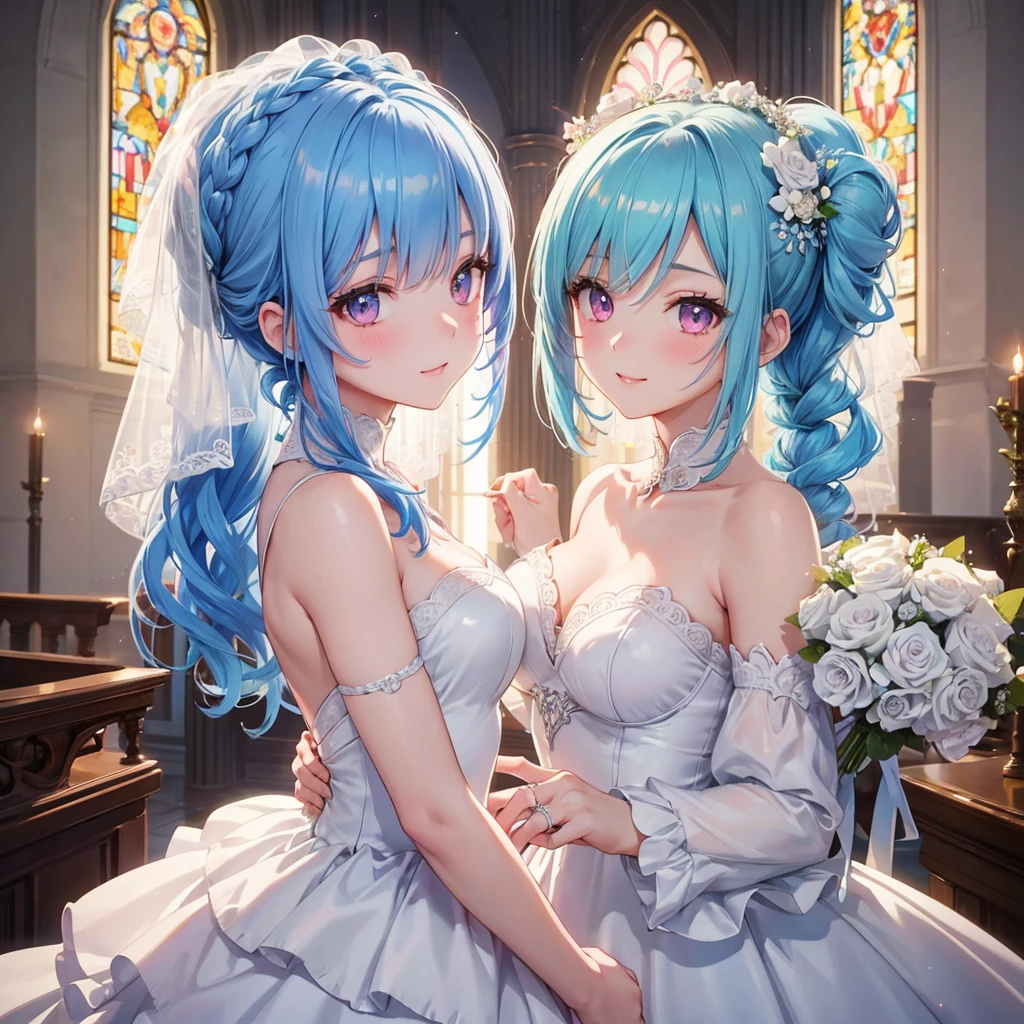 Sky blue hair, (Braided Ponytail),(Pink Eyes),Fair skin ,(whole body),(One girl),bride,A big smile,Straight bangs, 6月のbride,Wedding dress,(masterpiece, Highest quality, Very detailed, Best Shadow), (Detailed Background), (Beautifully detailed face), High Contrast, (Best lighting, Very delicate and beautiful), ((Cinematic Light)), colorful, Hyper Detail, Dramatic Light, Intricate details,Chapel background,Bouquet of roses,Ring on left ring finger,