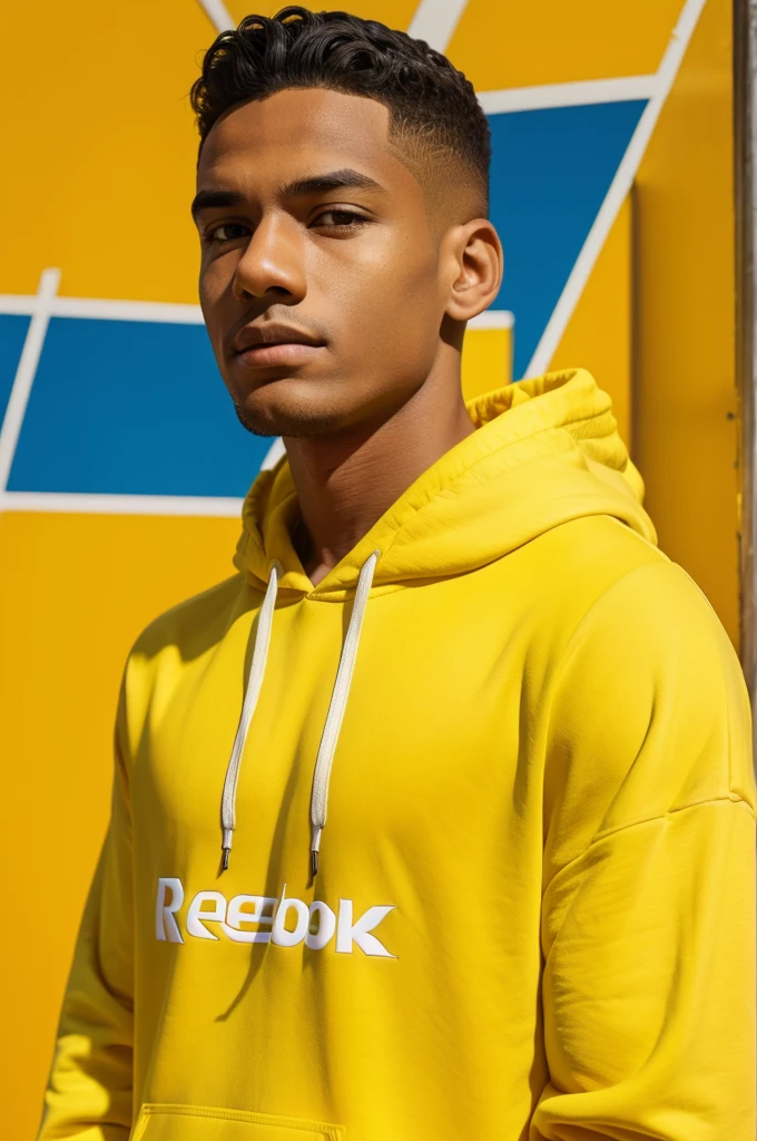 A boy in yellow hoodie with Reebok written on it. Solid colour background 
