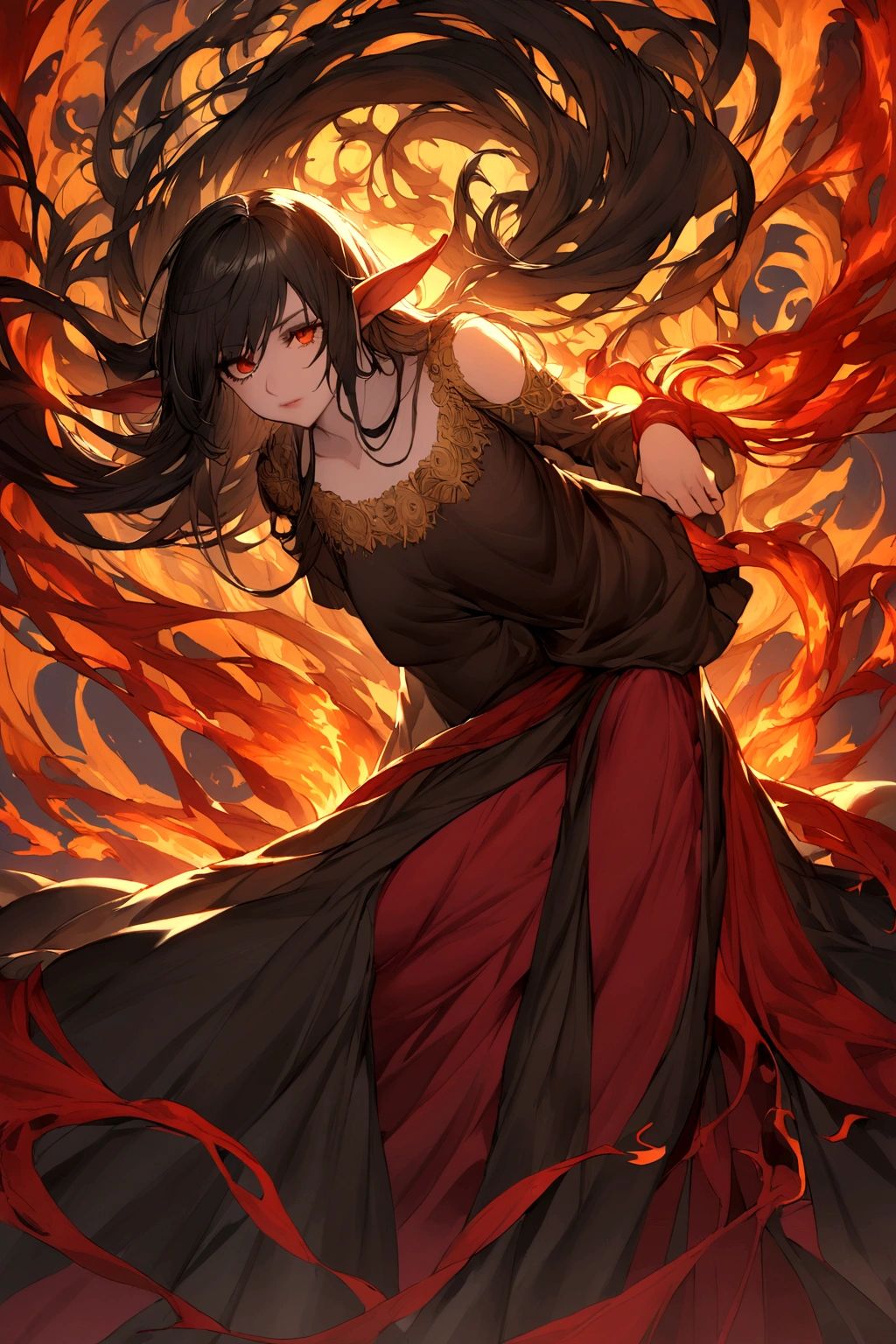 She is depicted as a curvaceous young girl, typically a tiefling or hexblood, with tangled black hair. Long-sleeved long shirt down to near the knees. One eye is red and the other is yellow.
