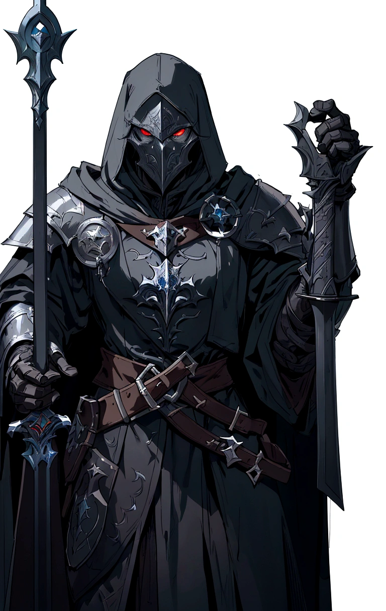 a drawing of a man in a hooded jacket holding a sword, grey armor, flowing robes and leather armor, dnd character, fantasy ttrpg villain, steel inquisitor from mistborn, corvo attano, picture of a male cleric, dnd fantasy character, epic elder scrolls art, anthropomorphic raven knight, artorias, warforged