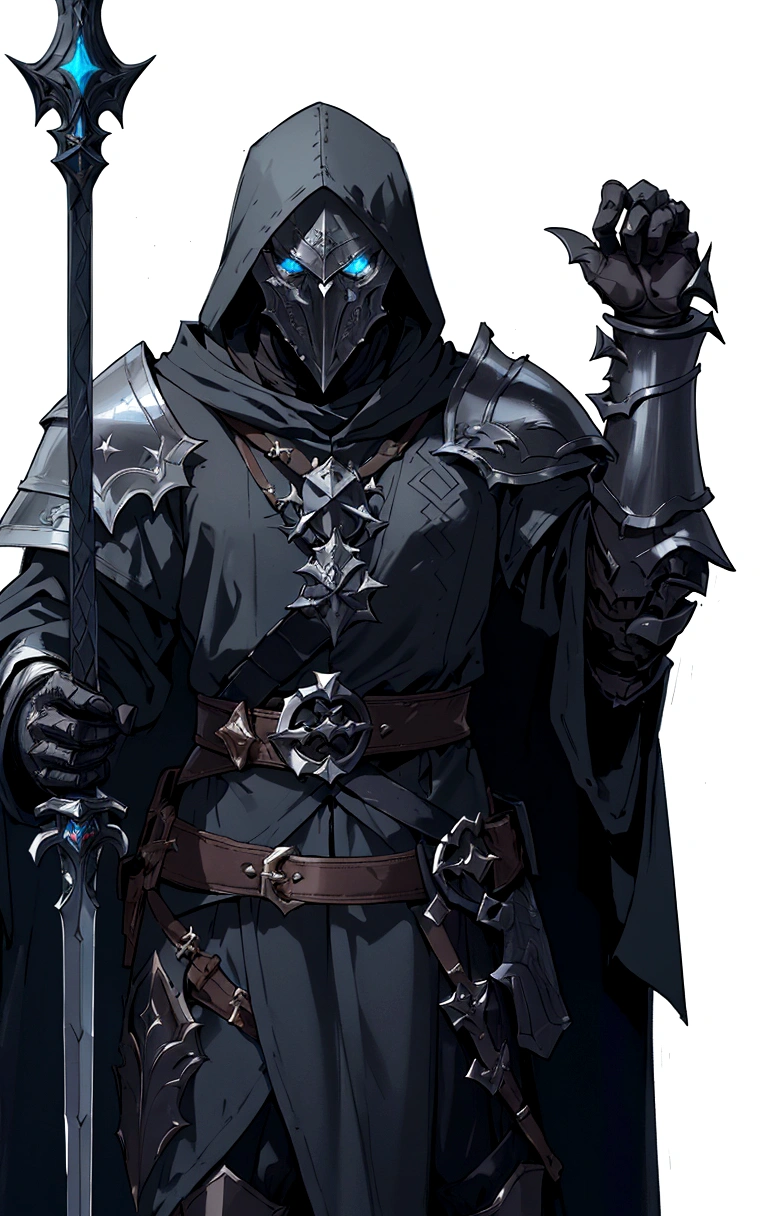 a drawing of a man in a hooded jacket holding a sword, grey armor, flowing robes and leather armor, dnd character, fantasy ttrpg villain, steel inquisitor from mistborn, corvo attano, picture of a male cleric, dnd fantasy character, epic elder scrolls art, anthropomorphic raven knight, artorias, warforged
