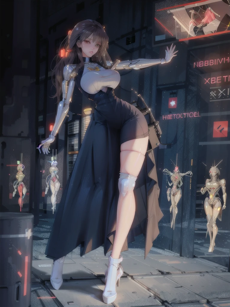 Woman body definition cybernetic body parts, thin waist, stockings, long skirt, mechanical