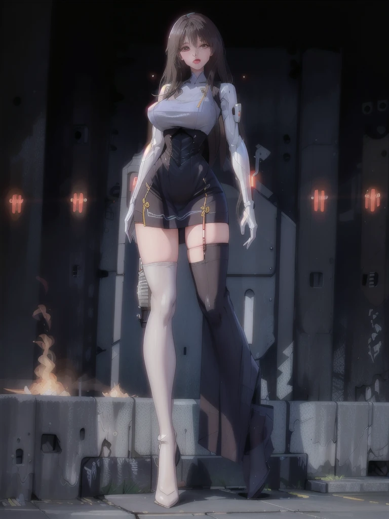 Woman body definition cybernetic body parts, thin waist, stockings, long skirt, mechanical