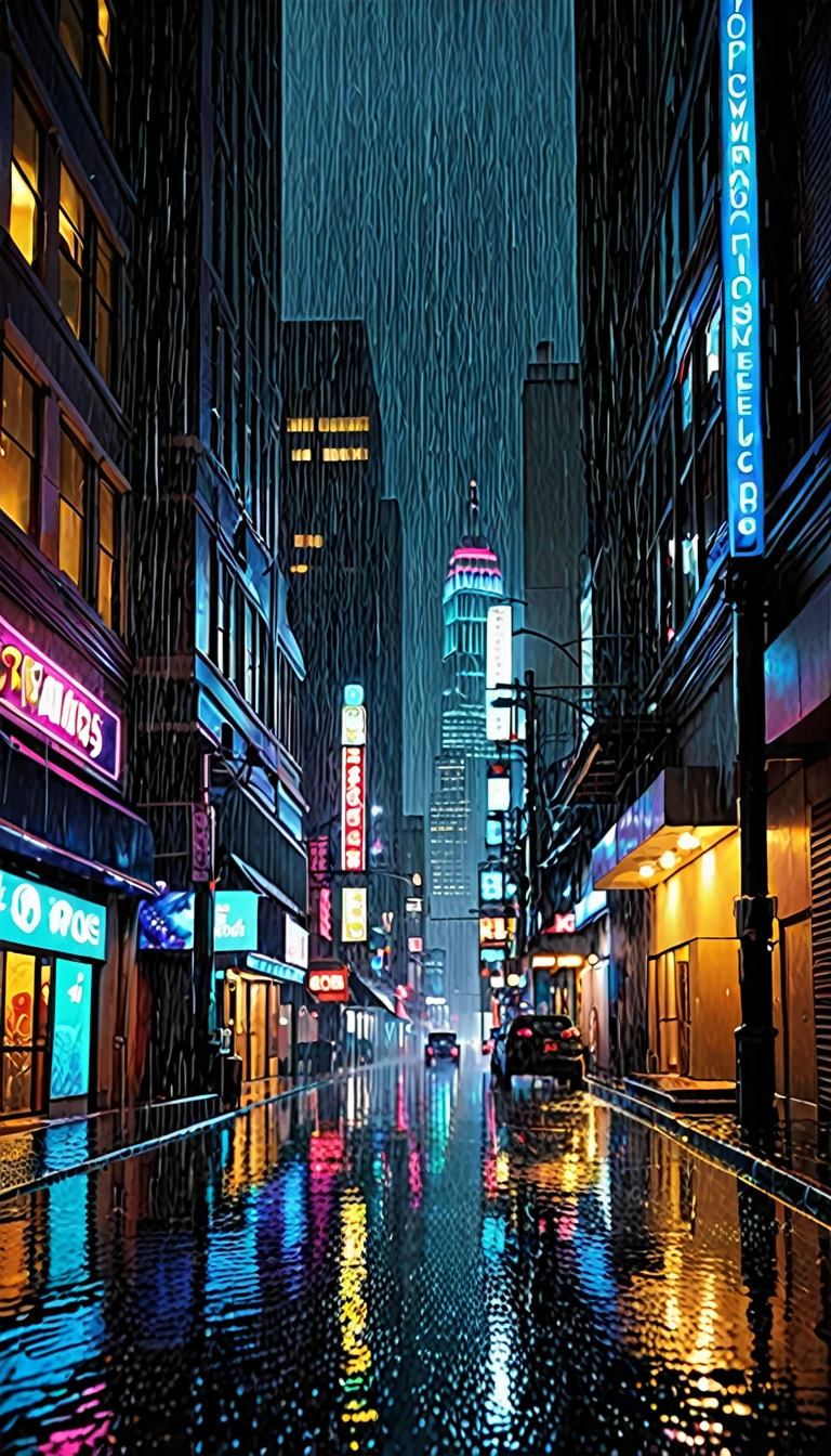 

1. **Scene Setting:**
   - Urban high-rise buildings, a space between densely packed buildings
   - Dark environment at night or during twilight

2. **Rain Depiction:**
   - Expression of intense rainfall, heavy rain
   - Raindrops hitting and flowing down glass, bouncing off the ground

3. **Lighting and Colors:**
   - Light reflections from building windows
   - Streetlights or neon lights
   - Bright rain contrasting against a dark background

4. **Camera Perspective:**
   - View from between the buildings as the rain pours down
   - Perspective where raindrops hit the camera lens

5. **Sound Effects (if needed):**
   - Sounds of rain and wind
   - Distant city noises

**Detailed Prompt Example:**  
"A nighttime urban scene with heavy rain pouring between high-rise buildings. Realistically depict raindrops hitting and flowing down building windows and bouncing off the ground. The background features a cityscape with light reflections from streetlights and neon lights, and puddles forming on the ground. The camera perspective includes a view where raindrops hit the lens, creating a dramatic and immersive video."
