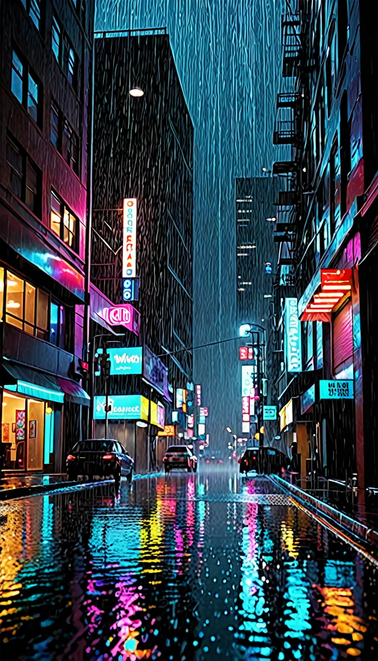 1. **Scene Setting:**
- Urban high-rise buildings, a space between densely packed buildings
- Dark environment at night or during twilight
2. **Rain Depiction:**
- Expression of intense rainfall, heavy rain
- Raindrops hitting and flowing down glass, bouncing off the ground
3. **Lighting and Colors:**
- Light reflections from building windows
- Streetlights or neon lights
- Bright rain contrasting against a dark background
4. **Camera Perspective:**
- View from between the buildings as the rain pours down
- Perspective where raindrops hit the camera lens
5. **Sound Effects (if needed):**
- Sounds of rain and wind
- Distant city noises
**Detailed Prompt Example:**
"A nighttime urban scene with heavy rain pouring between high-rise buildings. Realistically depict raindrops hitting and flowing down building windows and bouncing off the ground. The background features a cityscape with light reflections from streetlights and neon lights, and puddles forming on the ground. The camera perspective includes a view where raindrops hit the lens, creating a dramatic and immersive video."