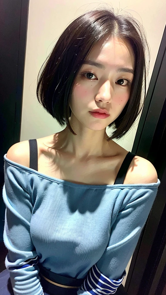 (Best quality, 8k, 32K, Masterpiece, UHD:1.2),Photo of Pretty Japanese Woman Realistic ,Very Big Realistic , Realistic Very Short Bob Hair ,Realistic upper body , sinple background, Look straight ahead for passport photo ,