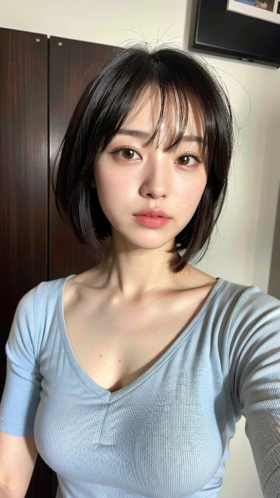 (Best quality, 8k, 32K, Masterpiece, UHD:1.2),Photo of Pretty Japanese Woman Realistic ,Very Big Realistic , Realistic Very Short Bob Hair ,Realistic upper body , sinple background, Look straight ahead for passport photo ,