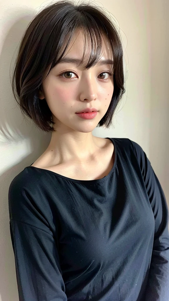 (Best quality, 8k, 32K, Masterpiece, UHD:1.2),Photo of Pretty Japanese Woman Realistic ,Very Big Realistic , Realistic Very Short Bob Hair ,Realistic upper body , sinple background, Look straight ahead for passport photo ,