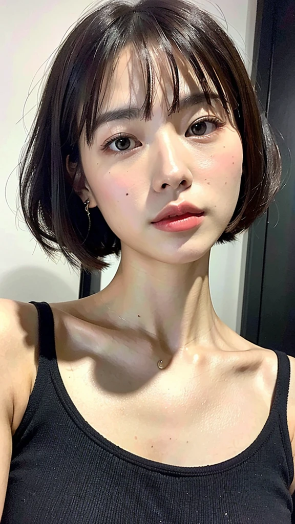 (Best quality, 8k, 32K, Masterpiece, UHD:1.2),Photo of Pretty Japanese Woman Realistic ,Very Big Realistic , Realistic Very Short Bob Hair ,Realistic upper body , sinple background, Look straight ahead for passport photo ,