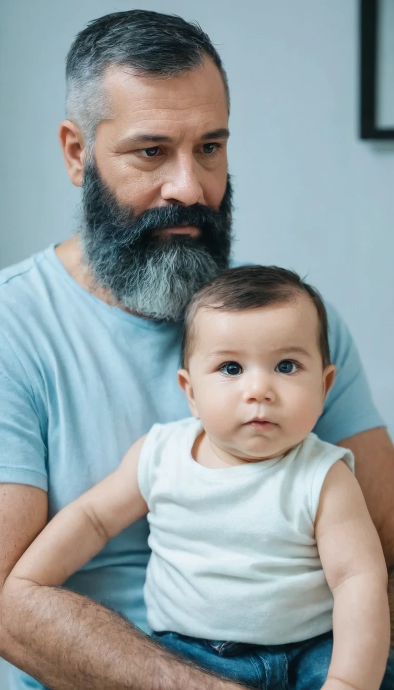 a man 55 years old, (extremely long beard), inflated face, Chubby face, Men's short haircut in the Caesar style, he is with his 1 year old son, focus in faces, uhd, 4k, masterpierce, high resolution