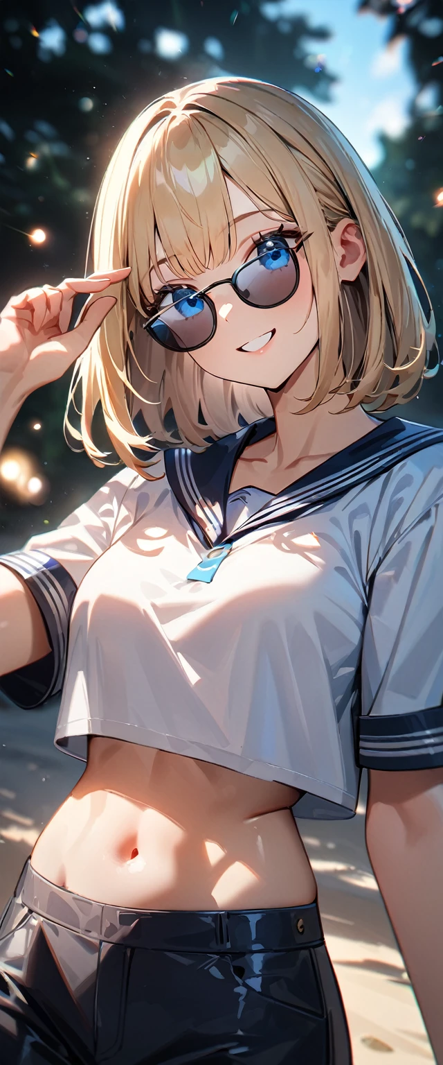 (((One girl))), ((beach)), noon, blond hair, bob cut, breasts, from front, (cowboy shot), standard body, (looking at viewer), ((white serafuku)), ((crop top)), short sleeves, ((sunglasses)), hand to sunglasses, midriff peek, teenager, head tilt:1.3, (((blue eye))), ((happy smile)), anime style, (best quality, 4k, 8k, highres, masterpiece:1.2, ultra-detailed, ultra-detailed eyes, HDR, UHD, studio lighting, ultra-fine painting, sharp focus, physically-based rendering, extreme detail description, professional, vivid colors, bokeh), ((Highest quality, Best image quality, Ultra-high resolution, Ultra-high resolution, solo, Strong eye highlights)), Depth of written boundary, Natural soft light, attractive, Beautiful Face, Cleanliness, Pure Face, nedium chest, Beautiful Face, Perfect Fingers, Perfect hands, Perfect body, Perfect Face, Shine a light into your eyes, Perfect Anatomy