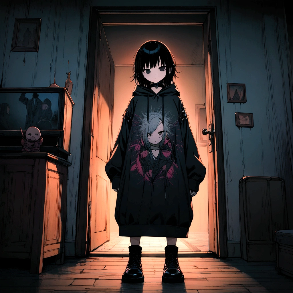 best quality, super fine, detailed black eyes, 16k, incredibly absurdres, extremely detailed, emo highschool girl opening the door inviting you, looking at camera, tilt head, emotionless expression, punk fashion, long black hair, black collar, weird long-sleeves oversized hoodie, full body, dim lights, (magnificent view:1.1)