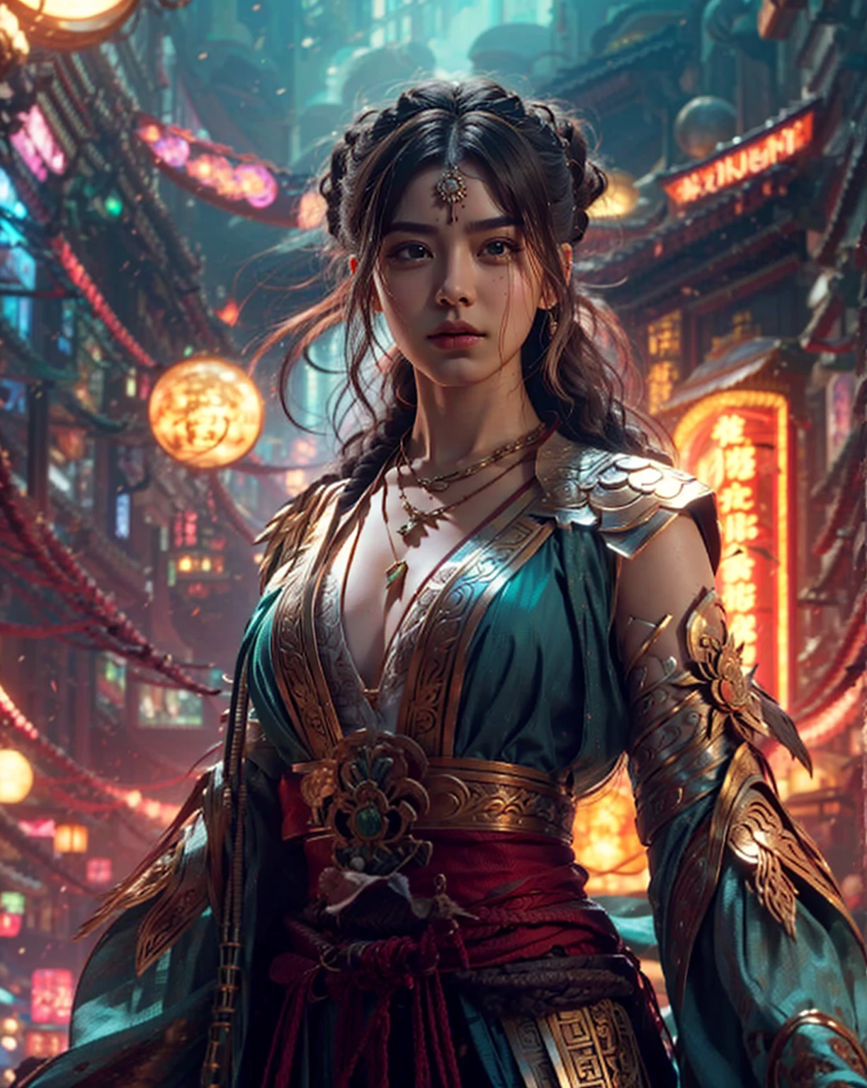 8k raw photo, photorealistic, film grain noise, soft cinematic light, rim light, looking at viewer, hiqcgbody, spotlight, Tom Bagshaw style
a portrait nc4v4n1s 1girl, , finely detailed face, 5 digits fingers, long hair, red bindi, ttpt-fC, thick thighs, plump , graceful pose, intricate details clothes, film grain noise, cleavage, jade necklace, (magic circle:0.8), xiuxian,