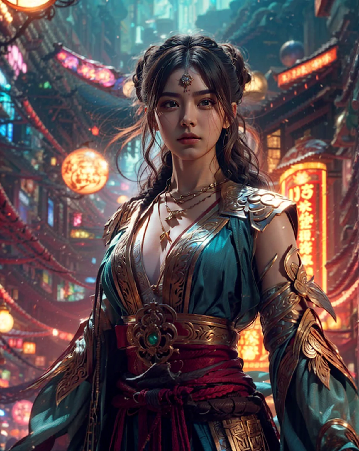 8k raw photo, photorealistic, film grain noise, soft cinematic light, rim light, looking at viewer, hiqcgbody, spotlight, Tom Bagshaw style
a portrait nc4v4n1s 1girl, , finely detailed face, 5 digits fingers, long hair, red bindi, ttpt-fC, thick thighs, plump , graceful pose, intricate details clothes, film grain noise, cleavage, jade necklace, (magic circle:0.8), xiuxian,