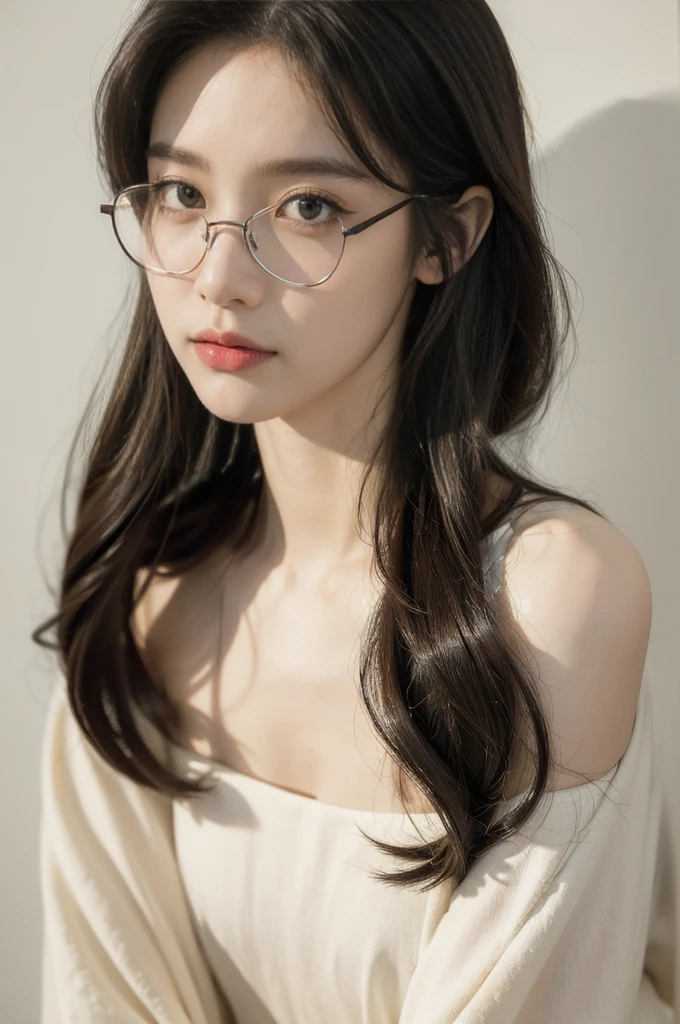 (((best quality))),(((ultra detailed))),(((masterpiece))),illustration,(close-up of face:1.3),((1 beautiful girl,solo)),(shoulder-length straight hair:1.2),(confused eyes:1.3),((slim,thin,small breasts,flat chest)),severe myopia,(glasses:1.3),strapless tank top,white wall,dim lighting,gaze,delicate collarbone,smooth skin,intellectual air,vision impairment,contrast,hauntingly beautiful,testament to resilience,(darkness:1.3)