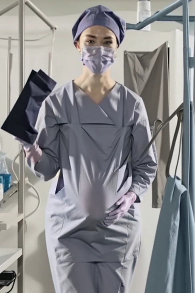 Score_9, Score_8_up, Score_7_up, highest quality, masterpiece, pale skin, surgical mask, surgical cap, long sleeve surgical gown, the dress is not crumpled, 9 pregnant, hide your hair completely,
1 girl, pregnant, solo, rubber gloves, looking down, operating bed, in the operating room, standing,