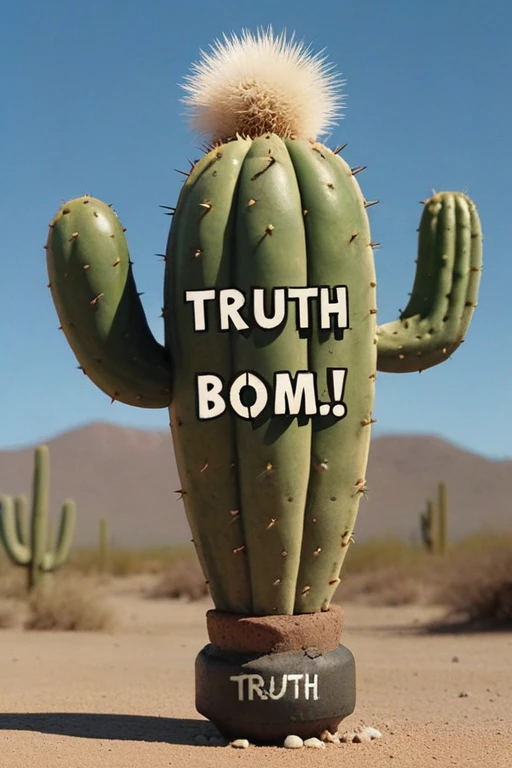 a realistic photo, a talking cactus, holding a bomb, the bomb has the word "Truth Bomb" written on the bomb