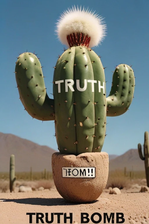 a realistic photo, a talking cactus, holding a bomb, the bomb has the word "Truth Bomb" written on the bomb