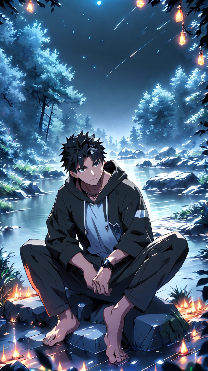 ((Highest quality)), ((masterpiece)), (detailed), Highest quality、High resolution、８K、Wearing a black hoodie、One adult male、33 years old、Dark Eyes、Slightly permed black hair、Japanese anime-like style、超High resolutionかわいい萌えアニメ8k、handsome face manly、Slender and muscular、barefoot、sitting on a stone、Spread your legs、night、Forest landscape、lake、darkness、Surrounded by lots of fireflieoonlight