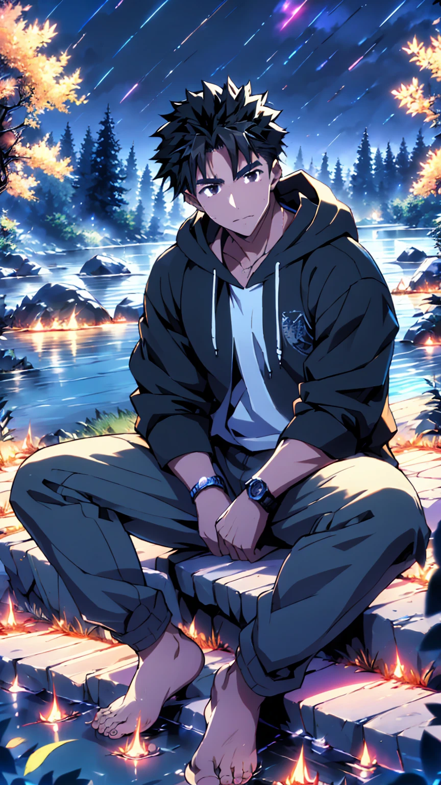 ((Highest quality)), ((masterpiece)), (detailed), Highest quality、High resolution、８K、Wearing a black hoodie、One adult male、33 years old、Dark Eyes、Slightly permed black hair、Japanese anime-like style、超High resolutionかわいい萌えアニメ8k、handsome face manly、Slender and muscular、barefoot、sitting on a stone、Spread your legs、night、Forest landscape、lake、darkness、Surrounded by lots of fireflieoonlight