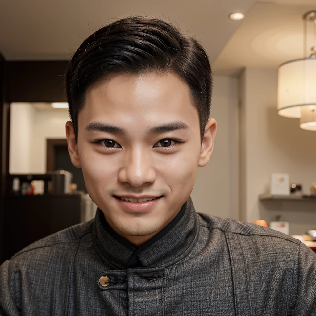 Small faced male model with Chinese eyes and small nose small lips with a cute smile black Korean fade