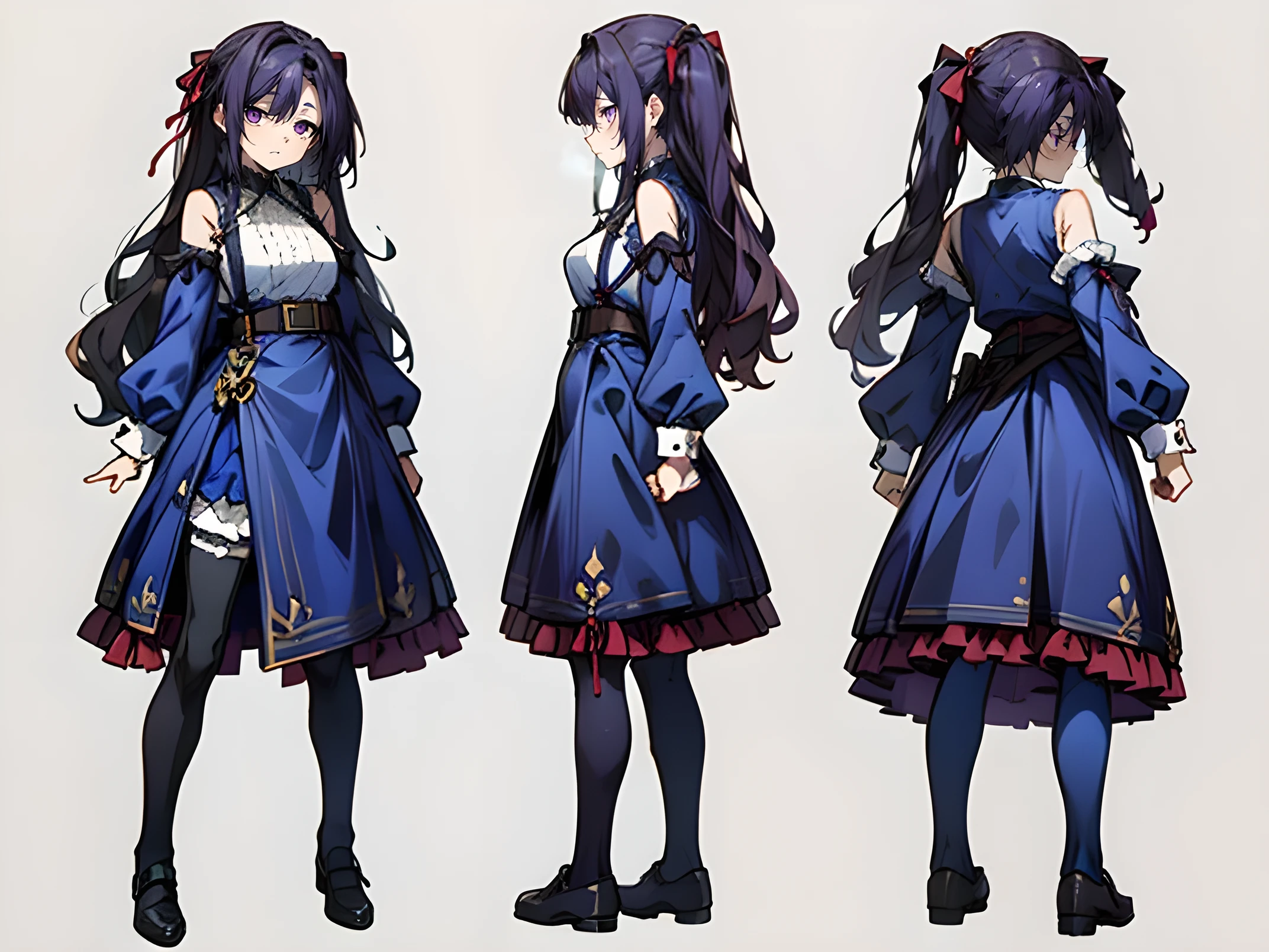 ((three-sided view, front view, side view, back view, multiple views, multiple poses and expressions, many parts)), concept art, character concept art, character sheet, Full body, illustration, (simple background, gray background), 1 character, 1girl, fantasy art, (reo mikage:0.7), blue lock, girls with((black hair, bangs, (one side up, long wavy hair, ribbon:1.55), perfect hands, perfect fingers, (exposed breasts, tits cleavage, breasts close up:1.2), dress((suspenders, dress, belt, nun:1.15), (blue clothes, frills shirt, no sleeves, sleeveless, frills panniers, long sleeves:1.52)), (white legwear, thighhighs, single thighhighs, single legwear, black footwear, strap shoes:1.42))