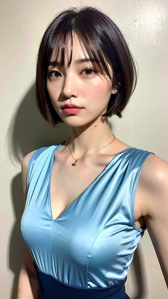 (Best quality, 8k, 32K, Masterpiece, UHD:1.2),Photo of Pretty Japanese Woman Realistic ,Very Big Realistic , Realistic Very Short Bob Hair ,Realistic upper body , sinple background, Look straight ahead for passport photo ,