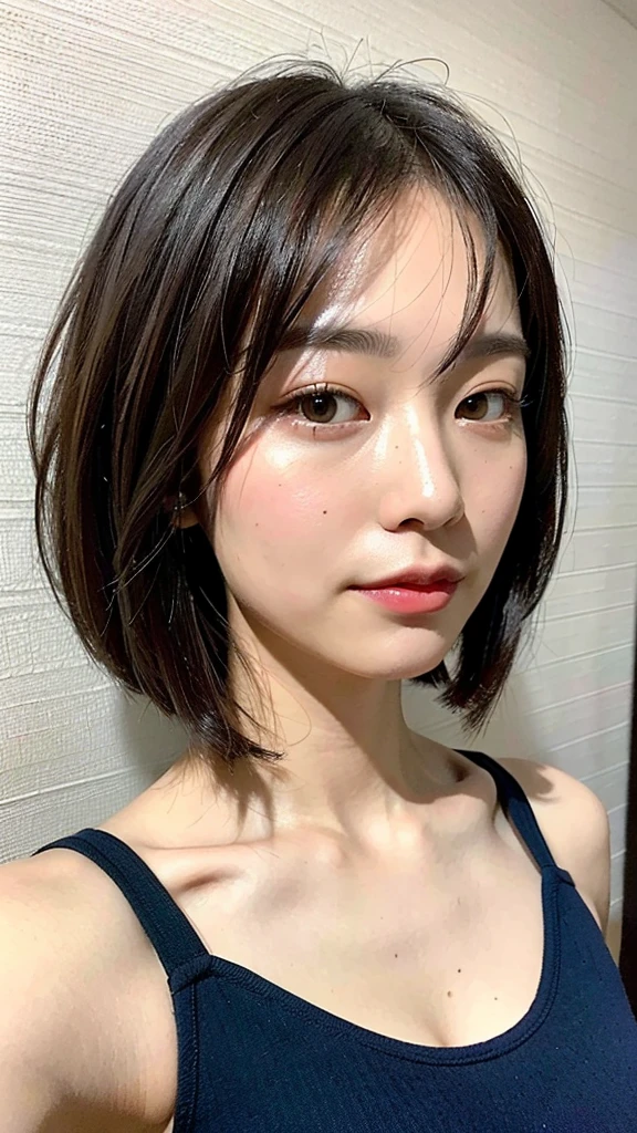(Best quality, 8k, 32K, Masterpiece, UHD:1.2),Photo of Pretty Japanese Woman Realistic ,Very Big Realistic , Realistic Very Short Bob Hair ,Realistic upper body , sinple background, Look straight ahead for passport photo ,