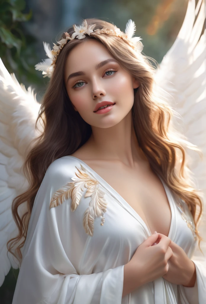 (high-quality,4k,8k,highres,masterpiece:1.2),ultra-detailed,(realistic,photorealistic,photo-realistic:1.37),beautiful detailed eyes,beautiful detailed lips,extremely detailed wings,halo,flowing white robes,body in mid-air,floating feathers,heavenly atmosphere,soft and ethereal lighting,portrait style,pastel color palette,angelic aura,peaceful and serene expression,surrounded by heavenly glow,angelic figure with long flowing hair,divine radiance, naughty smile, seductive, naked 