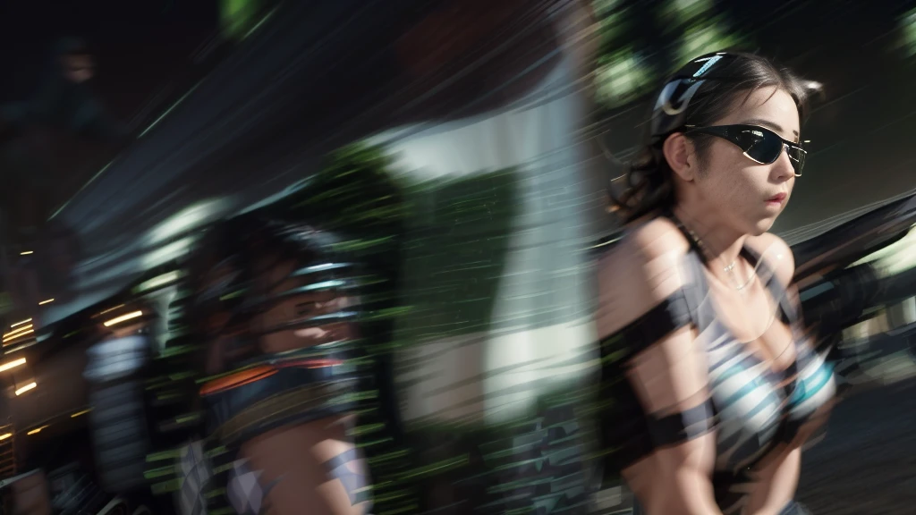 at night, 1girl, solo, large-breast sexy slim woman, bikini top, mini skirt, black sunglasses, wind-blowing hair, glove, speeding a classic motorcycle in action, (trailing motion blur effects:2.0), supercar chasing behind, half-body medium shot, hologram cyberpunk street as background.