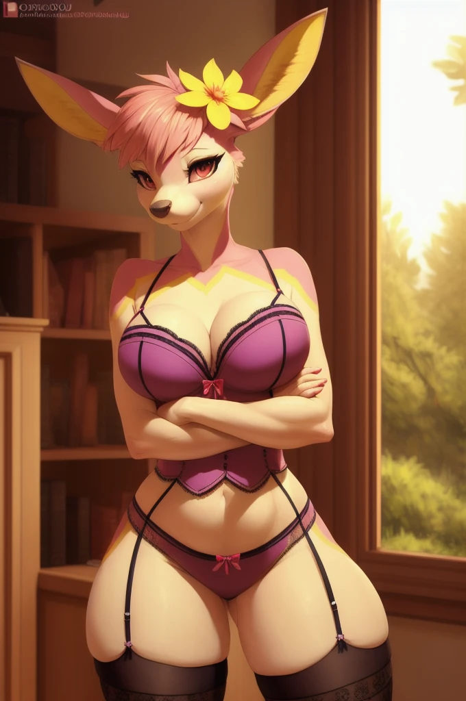uploaded on e621, explicit content, 3d, cutesexyrobutts, hioshiru, female, solo, deerling, head flower, bedroom setting, (large breasts, natural breasts, breast sag:0.5), three-quarter portrait, sexy pose, seductive, flirting, sexy lingerie, sexy stockings